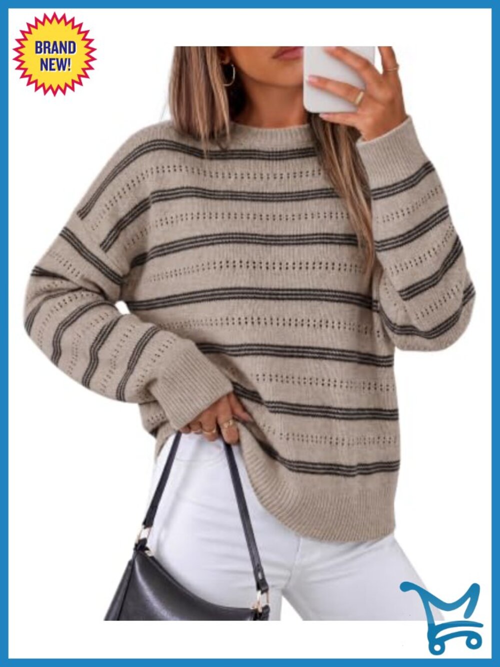 Women's Striped Crew Neck Long Sleeve Pullover Sweater Loose Knit